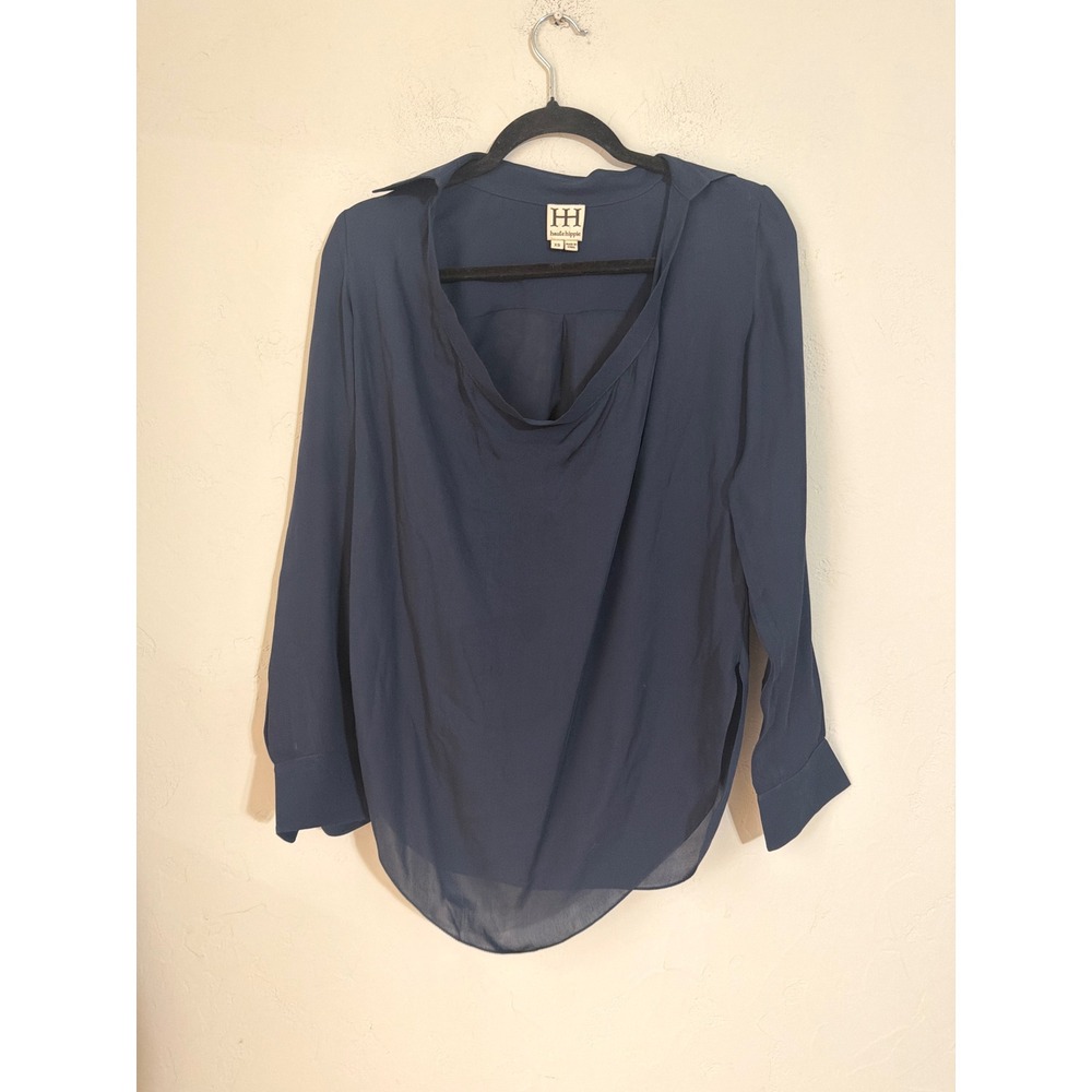 Haute Hippie Navy Blue 100% Silk Draped Cowl Neck Long Sleeve Blouse Top XS